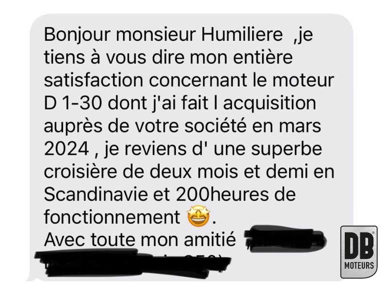 Retour avis client très positif sur DB Moteurs Volvo Penta