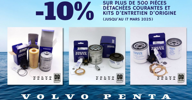 Promotion jusqu'au 17 mars 2025 sur plus de 500 pièces et kits Volvo Penta avec DB Moteurs